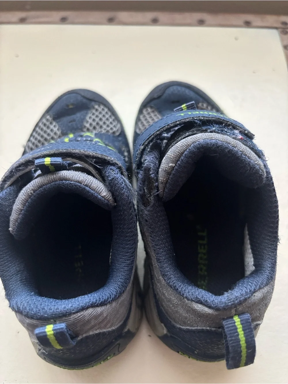 Merrell Kids Navy Blue and Gray Hiking Sneakers with Lime Accents